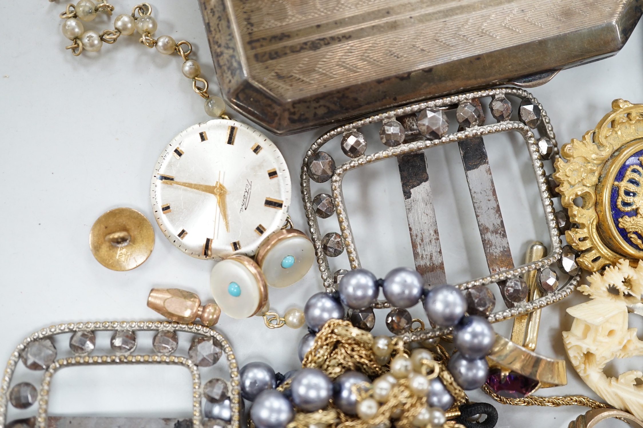Two cigarette cases including one late Victorian silver and mixed costume jewellery and watches.